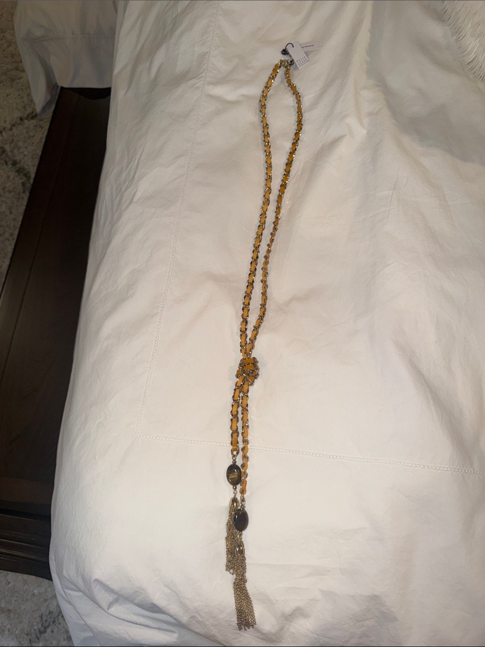 White House Black Market Amber Beaded Knot Necklace with Gold Tassel